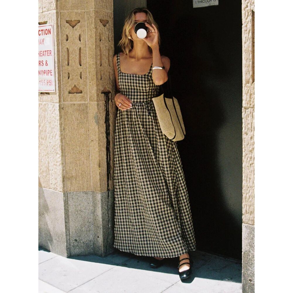 princess polly cartmel check maxi dress black cream us 6